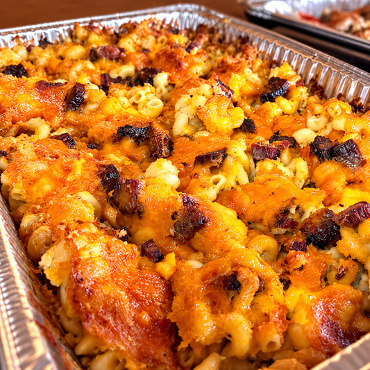 Southern-style smoked mac-and-cheese with bacon and browned cheese crust