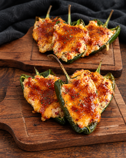 Smoky Heat Carolina Poppers with pimento cheese and barbecue glaze